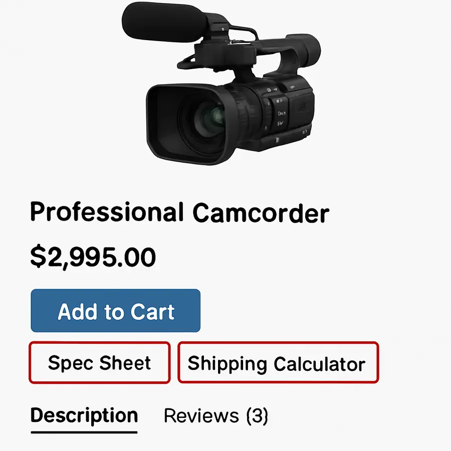 A screenshot of a typical professional equipment product page highlighting where to find the 'Spec Sheet' and 'Shipping Calculator'.