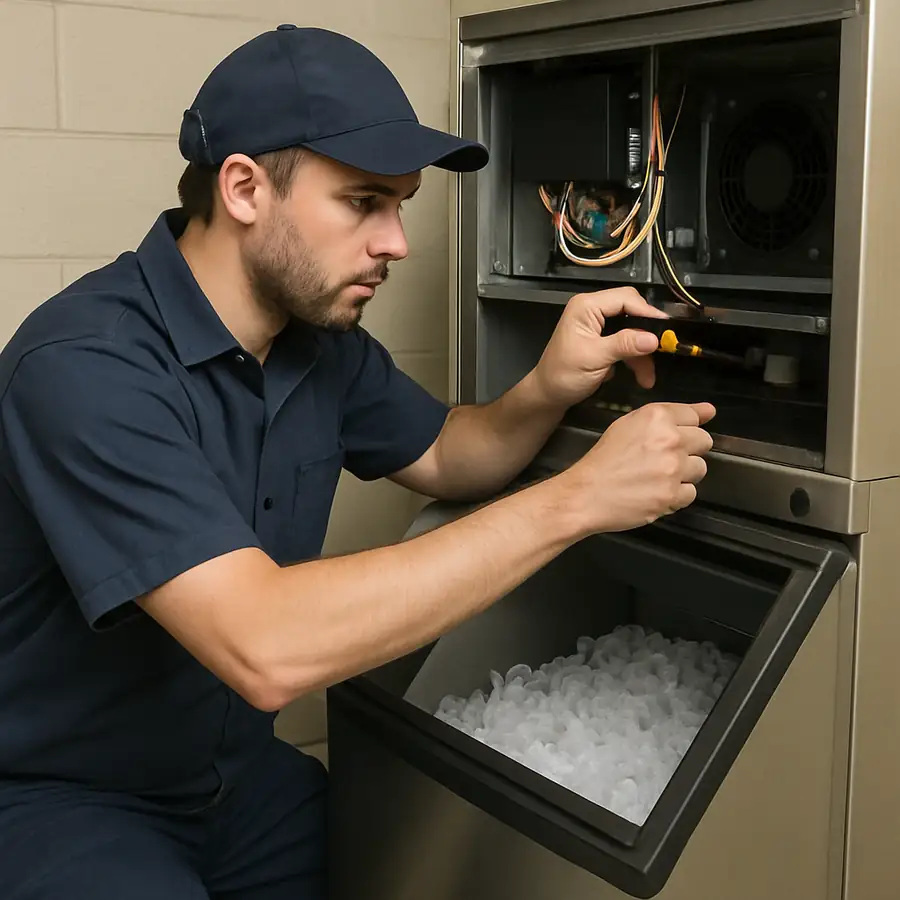 A technician performing routine maintenance on a commercial ice machine
