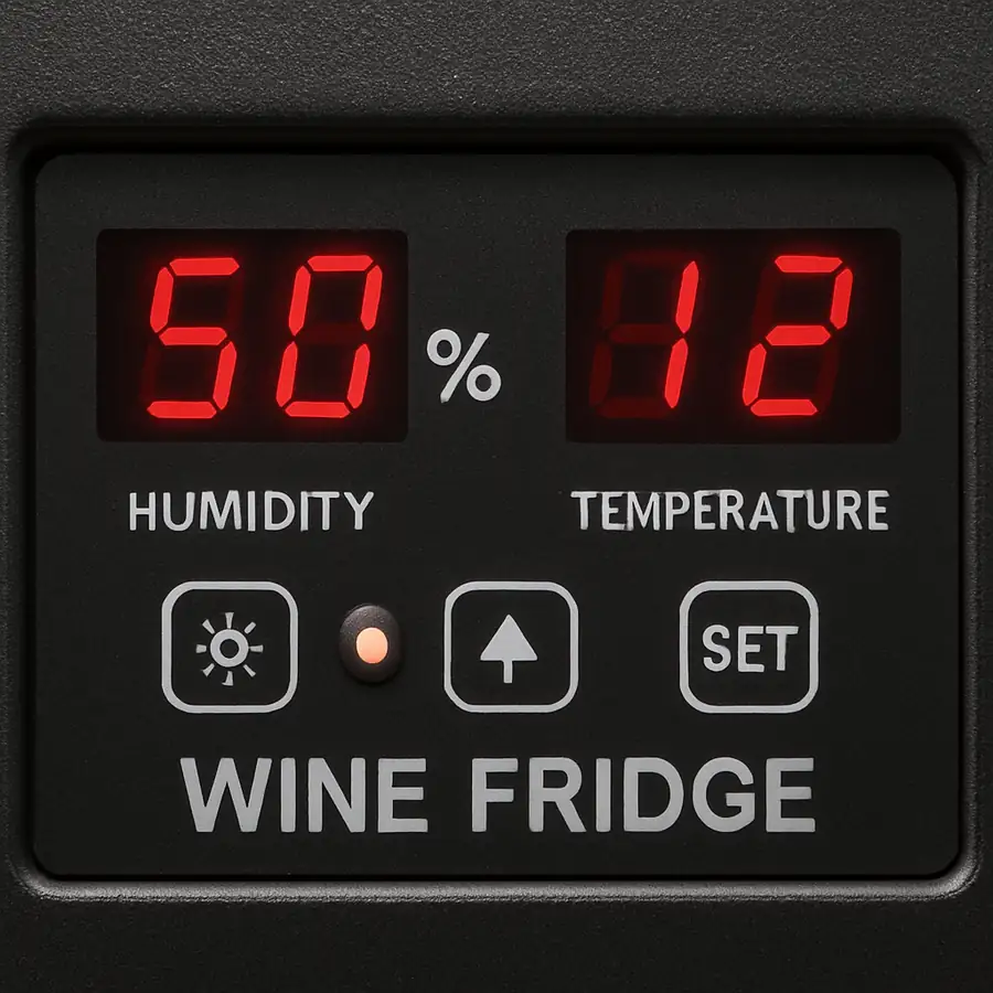 Close up of a digital humidity and temperature control panel on a wine fridge