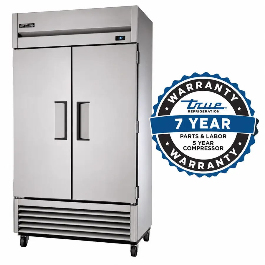 True Manufacturing commercial refrigerator with warranty seal graphic