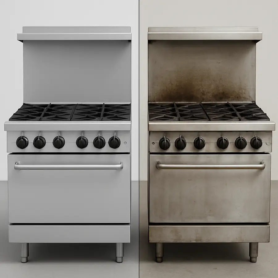 A clean, professional split-screen image showing a brand-new industrial range on one side and a well-maintained used one on the other, both looking nearly identical.