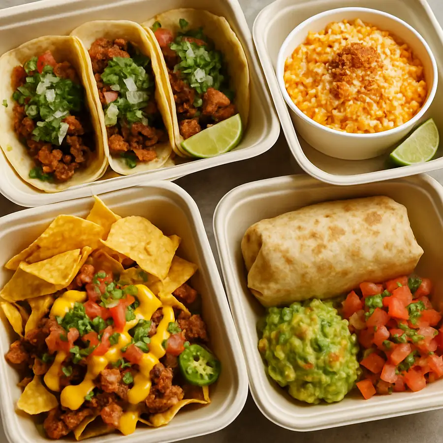 Detailed close-up of colorful and authentic regional street food in takeaway containers