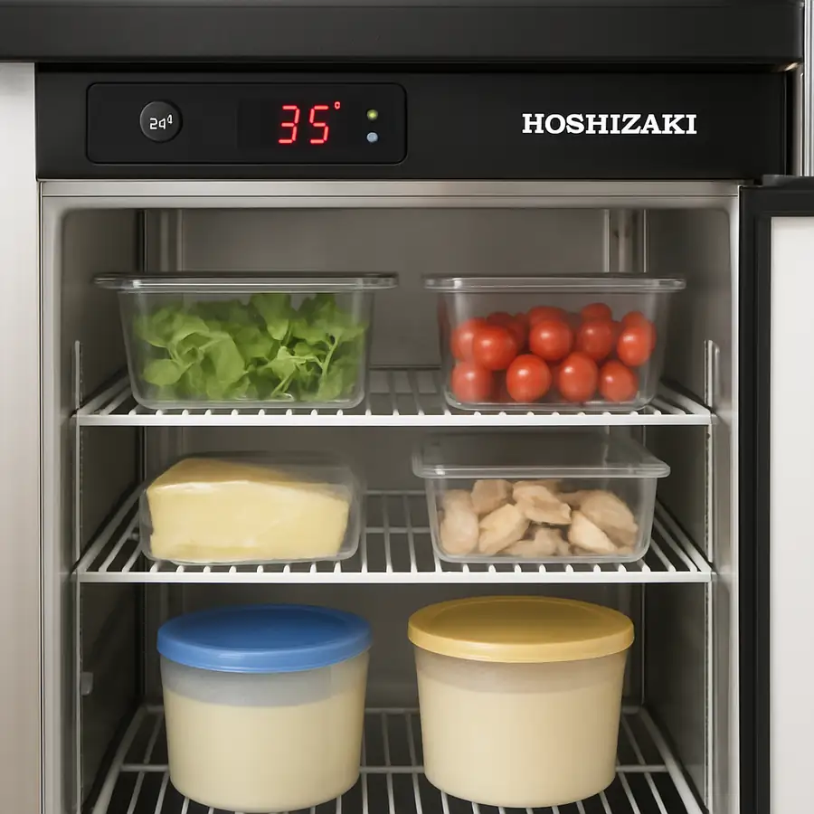 Interior view of a Hoshizaki refrigerator showing temperature settings and storage