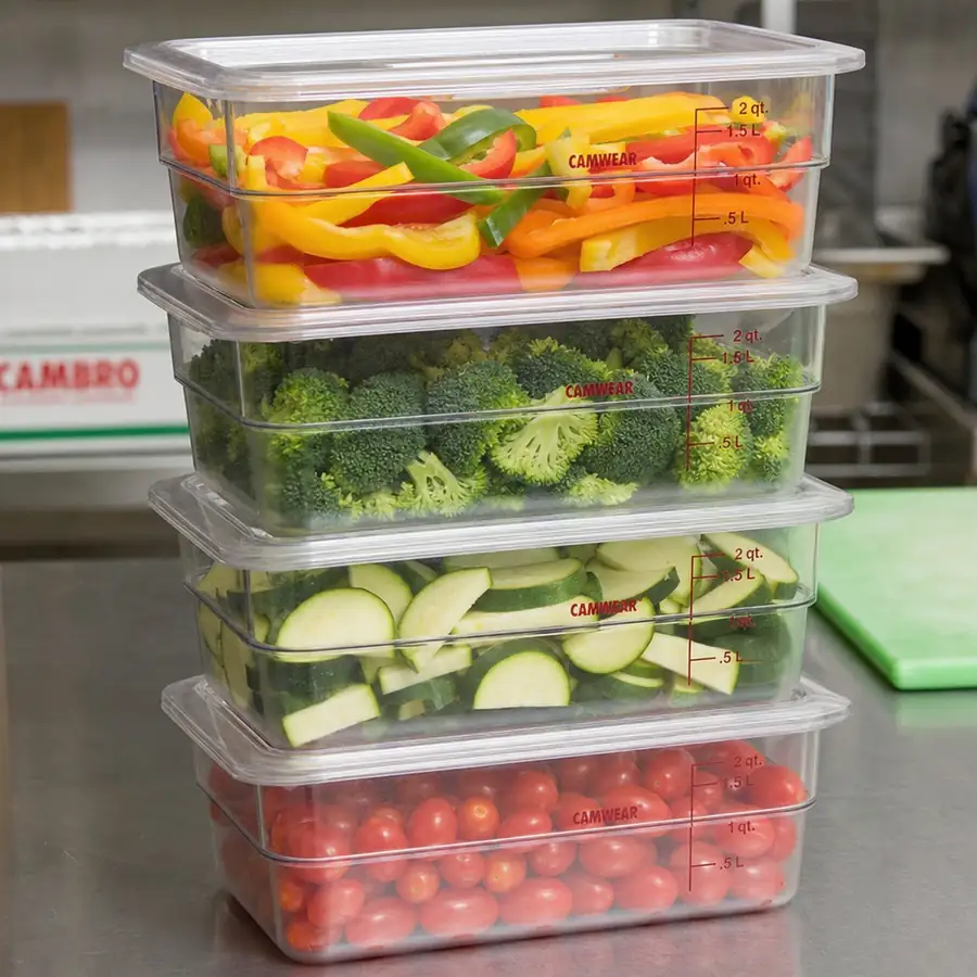 A stack of clear Cambro Camwear containers filled with fresh colorful vegetables