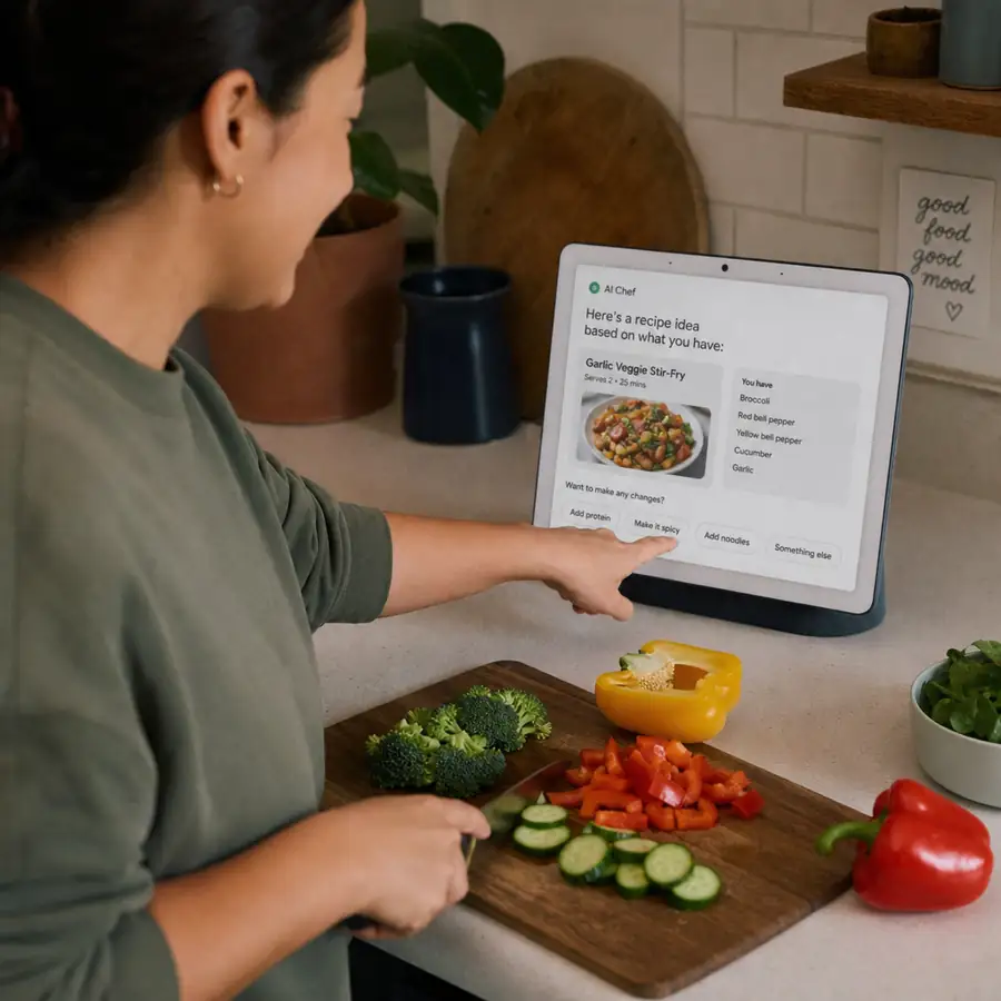 A person interacting with a generative AI recipe interface on a smart display while preparing vegetables