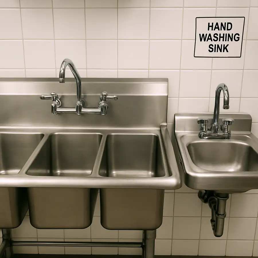 A close-up photo of a compliant 3-compartment sink with a separate handwashing sink nearby.