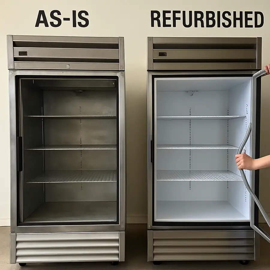 A photo showing a clean, refurbished commercial refrigerator with new door gaskets being installed, highlighting the difference between 'as-is' and 'refurbished'.