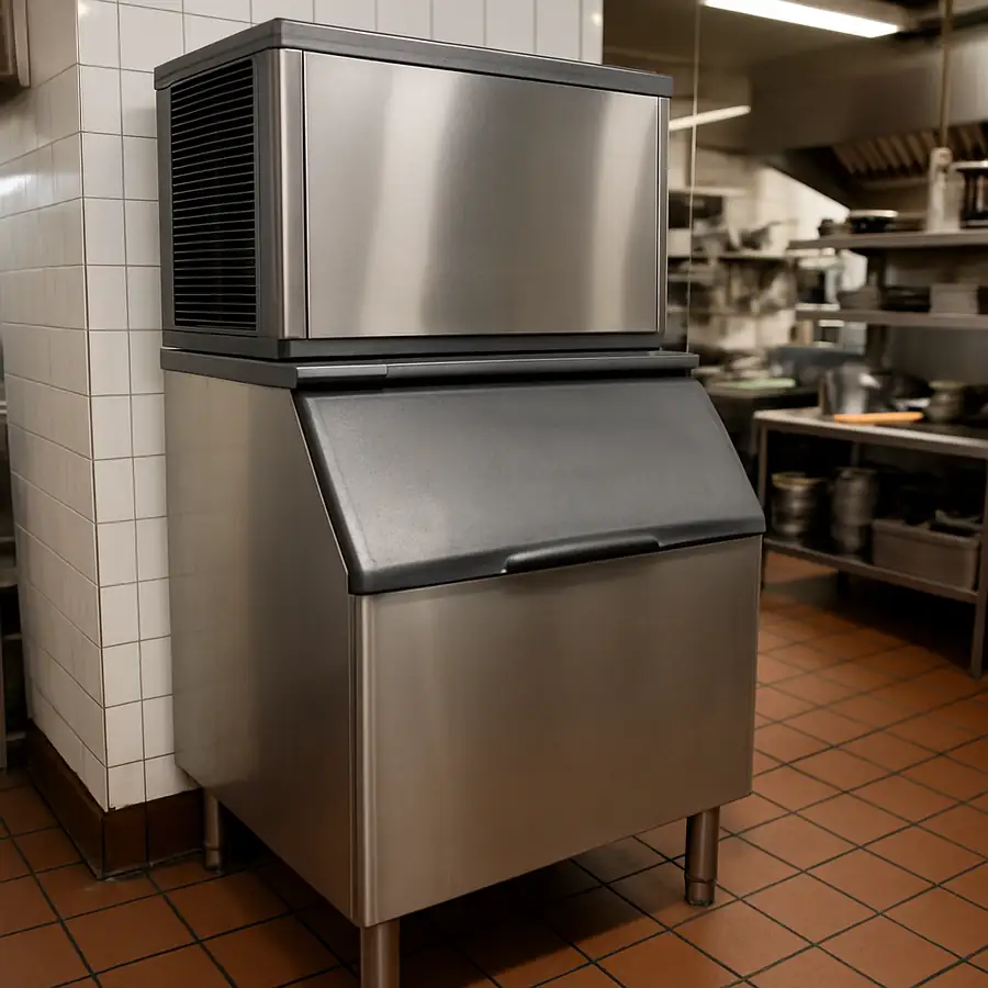 Modular commercial ice machine installed above a large stainless steel storage bin in a busy restaurant kitchen