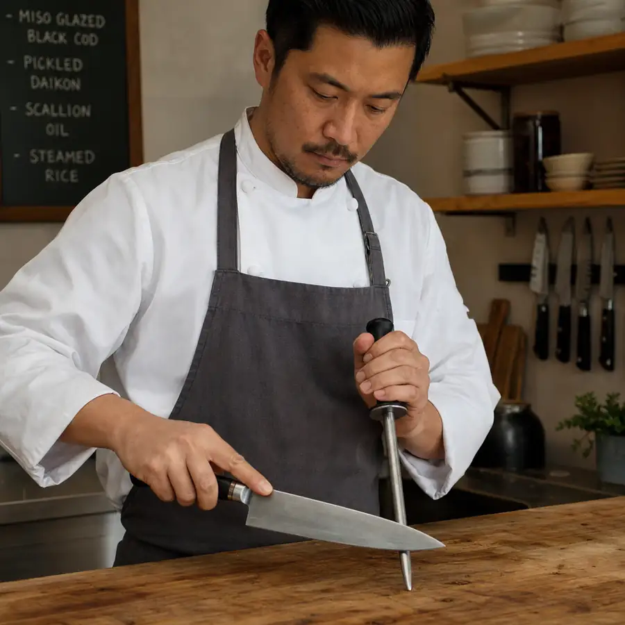 A chef carefully honing a high-carbon steel chef's knife on a wooden prep station