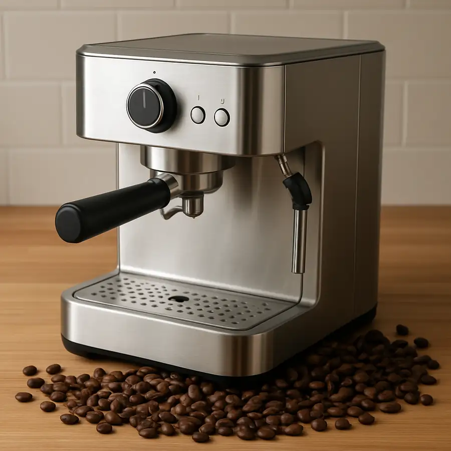 A sleek, modern stainless steel espresso machine sitting on a clean wooden kitchen counter surrounded by fresh coffee beans