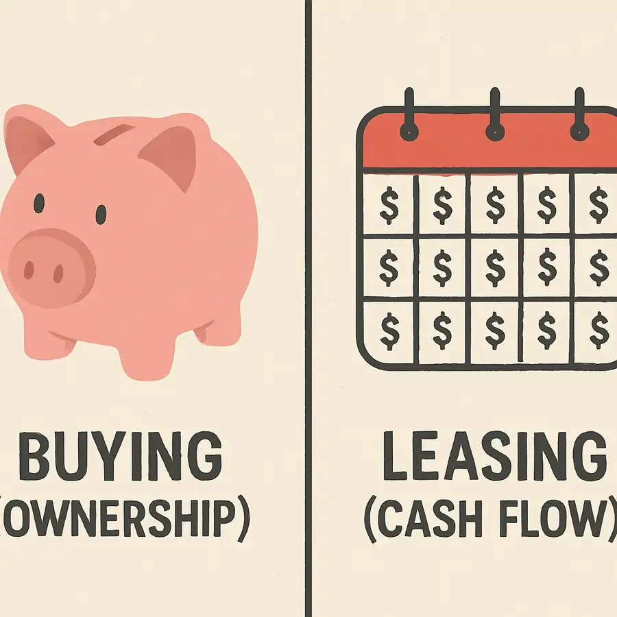 A simple split-image showing a piggy bank on one side labeled "Buying (Ownership)" and a calendar with a dollar sign on each month on the other side labeled "Leasing (Cash Flow)"