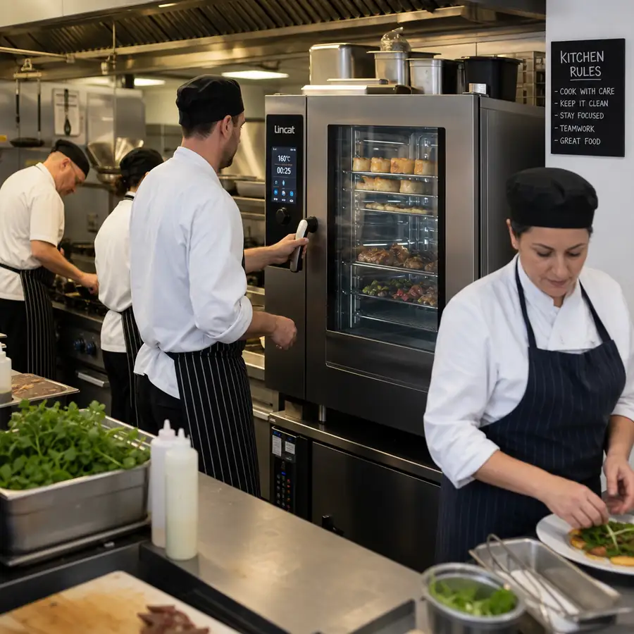 Busy restaurant kitchen with chefs working around a modern commercial oven in English