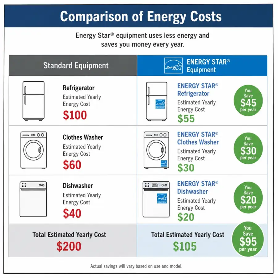 Comparison of energy costs between standard and Energy Star equipment