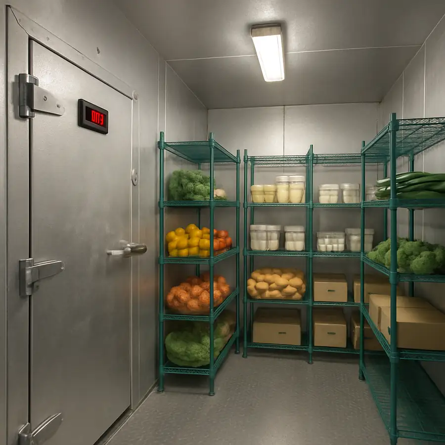 A large stainless steel walk-in cooler with organized shelving and digital temperature displays.