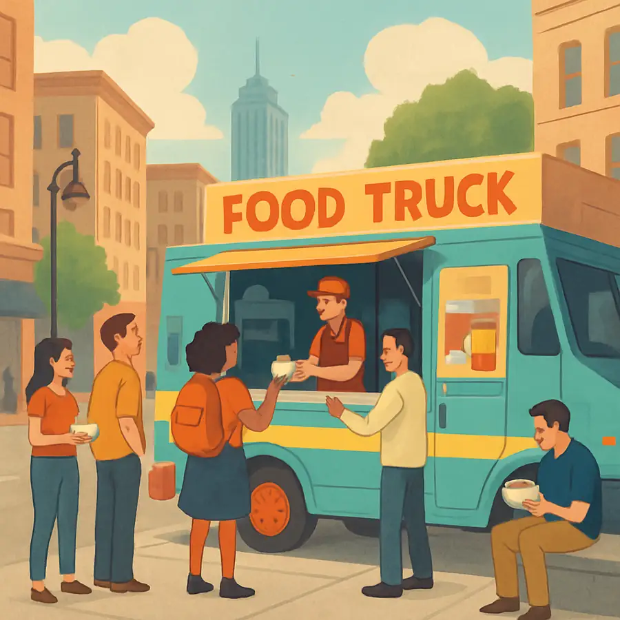 A bustling city street featuring a colorful food truck serving customers