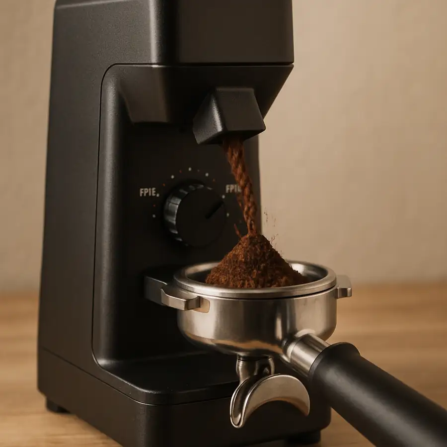 A high quality stepless electric burr grinder dispensing finely ground specialty coffee into a portafilter basket