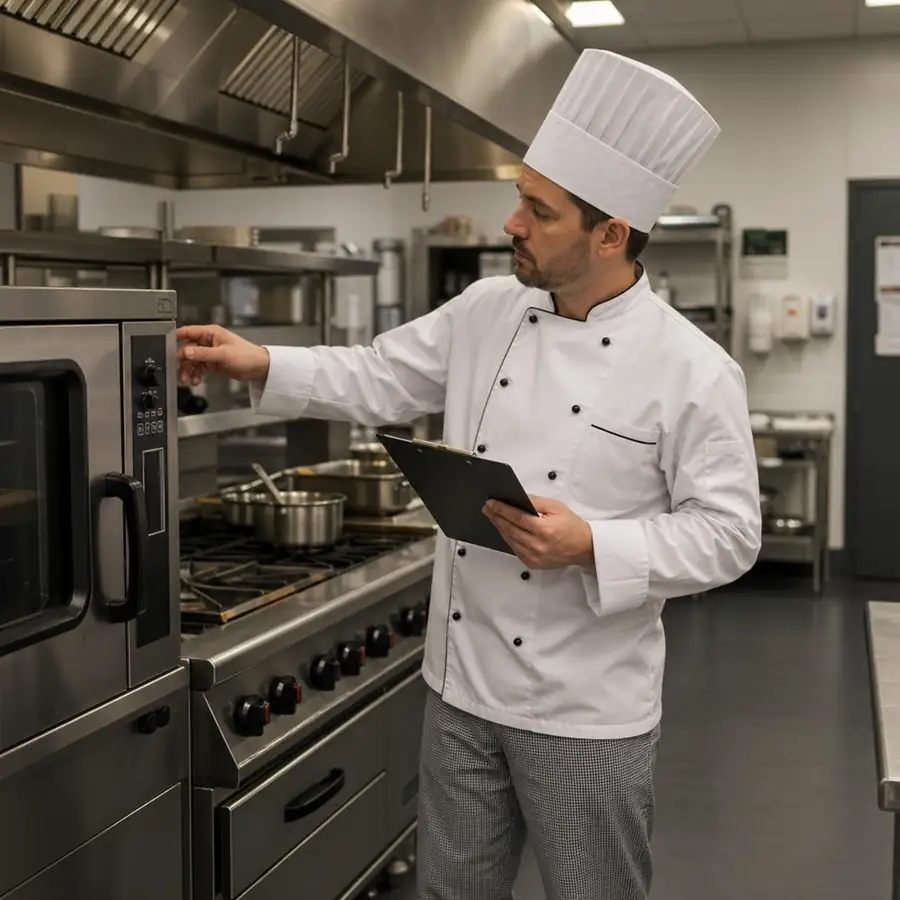 Chef inspecting commercial kitchen equipment in a modern restaurant