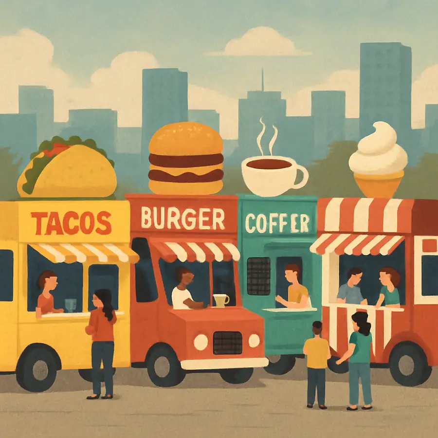 A group of diverse food trucks in an urban setting