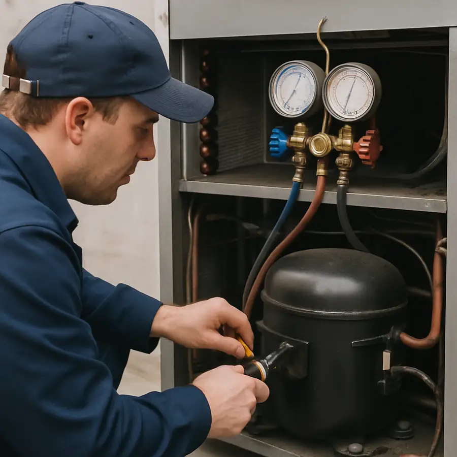 Technician performing maintenance on the compressor of a commercial refrigeration unit