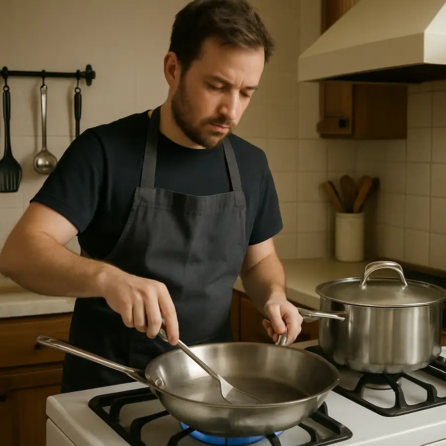 A home chef using professional grade stainless steel pans on a residential stove in English