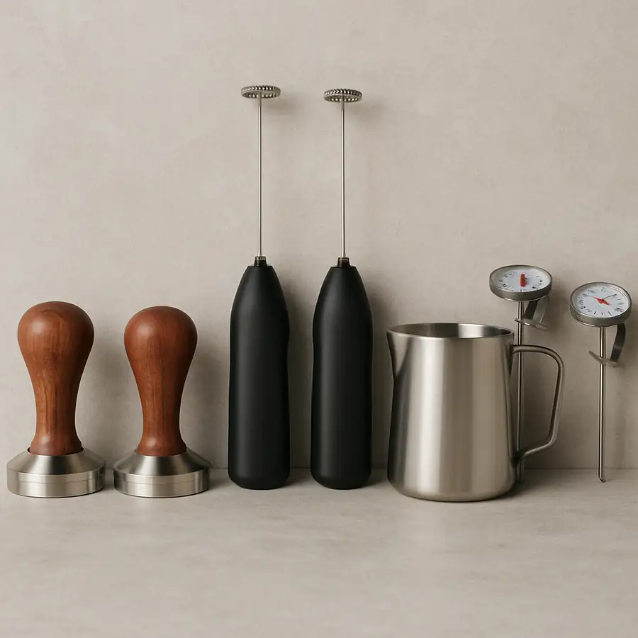 Image of barista tools including tampers, milk frothers, and thermometers
