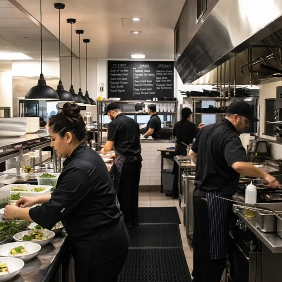Busy but organized commercial kitchen staff working efficiently in a modern restaurant