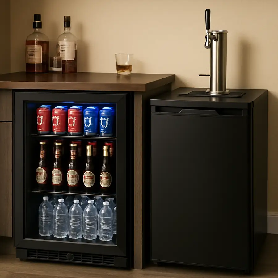 A well-stocked 24 inch wide beverage fridge alongside a small kegerator in a home bar