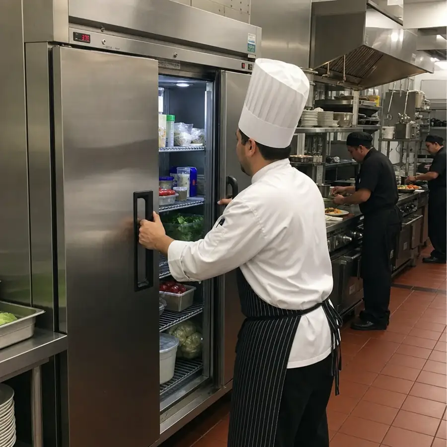 Chef opening a double-door commercial refrigerator in a busy restaurant kitchen