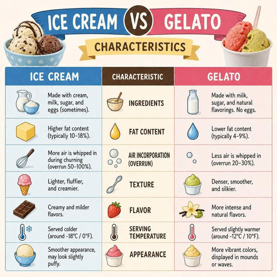 Ice Cream vs Gelato Characteristics