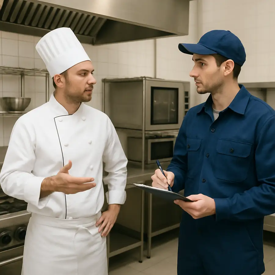 A chef and a technician discussing equipment maintenance in a clean commercial kitchen