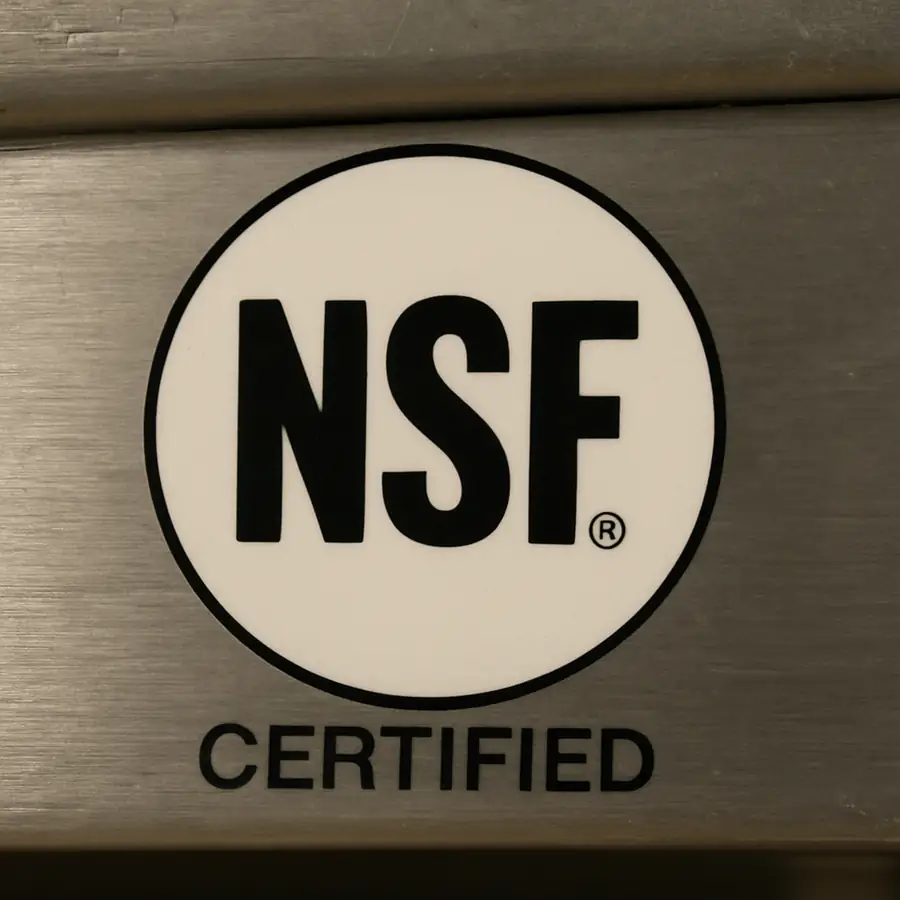 A close-up photo of an NSF certification mark on a piece of kitchen equipment to show readers exactly what to look for.