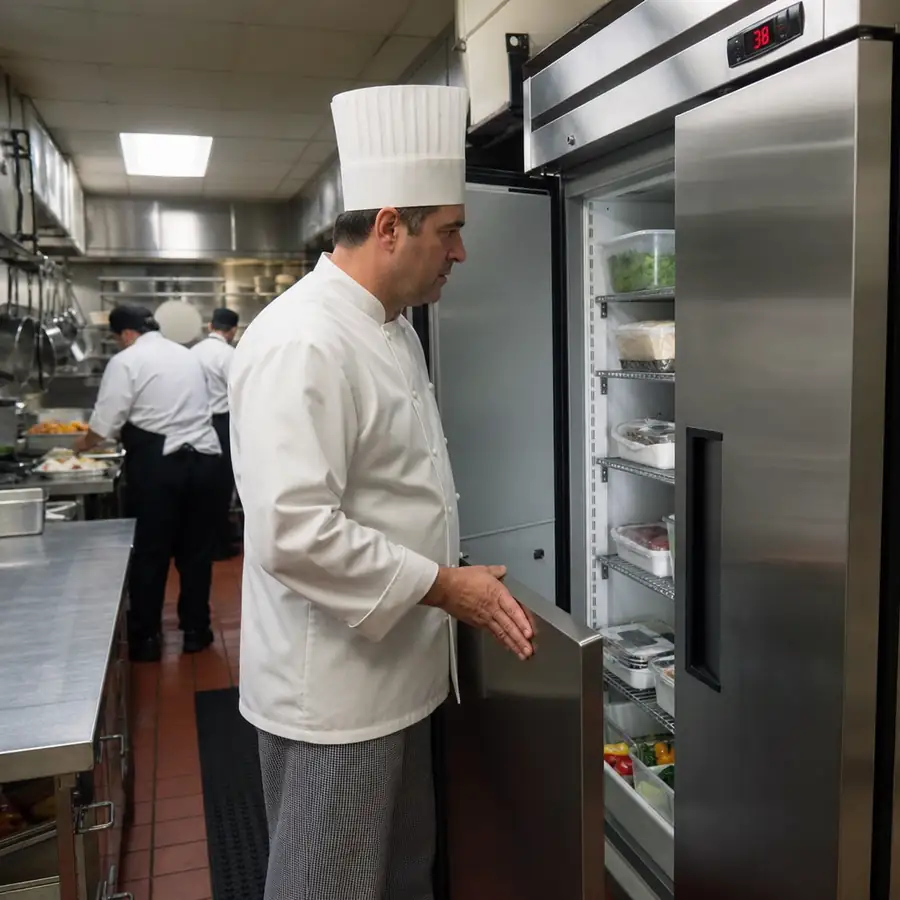 Chef inspecting a commercial refrigerator in a busy restaurant kitchen