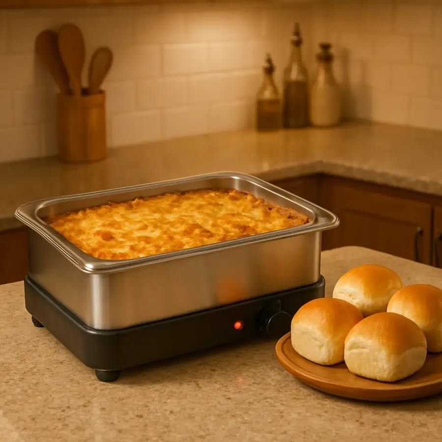 A warm, inviting kitchen scene where a countertop food warmer holds a golden-brown casserole next to fresh dinner rolls.