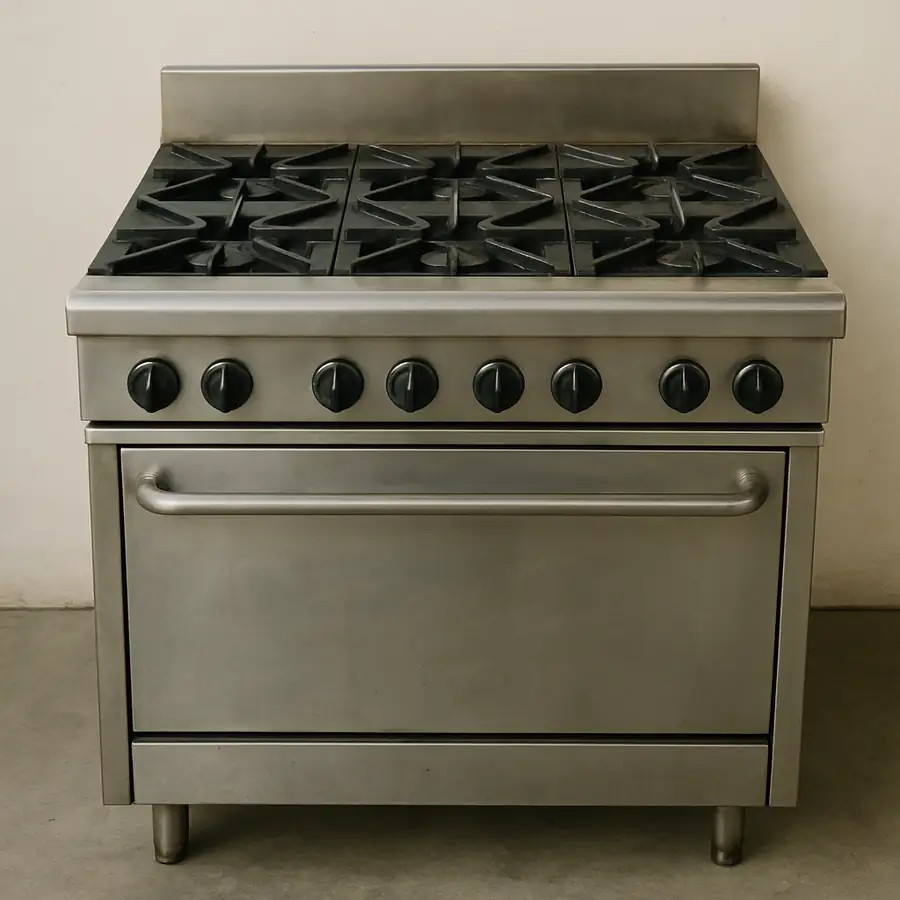 A clean shot of a classic six-burner commercial range with a standard oven below it, representing the 'workhorse' of the kitchen