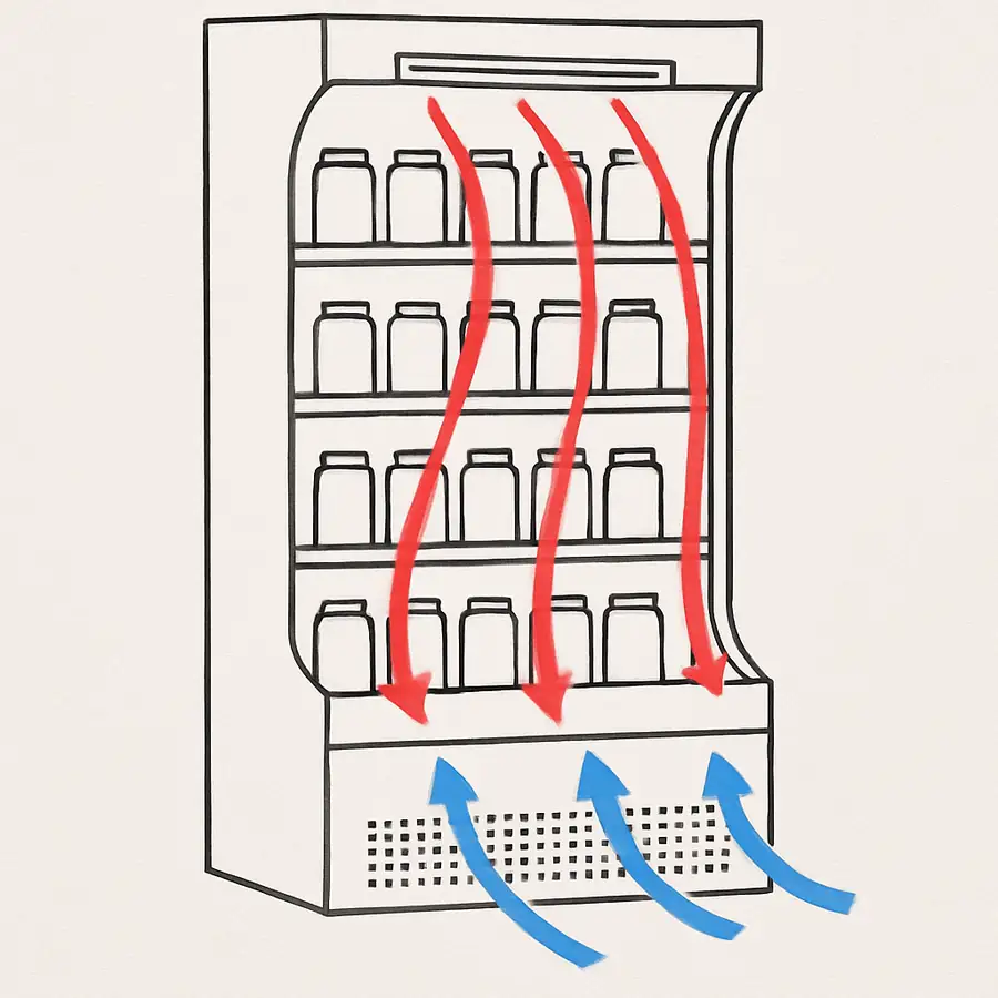 Diagram showing an air curtain merchandiser in use, illustrating airflow