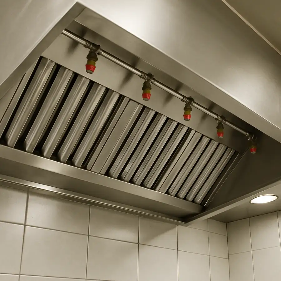 A professional kitchen exhaust hood with visible fire suppression nozzles and clean stainless steel filters.