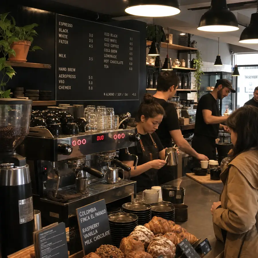 A bustling specialty coffee shop counter featuring a commercial espresso machine and busy baristas