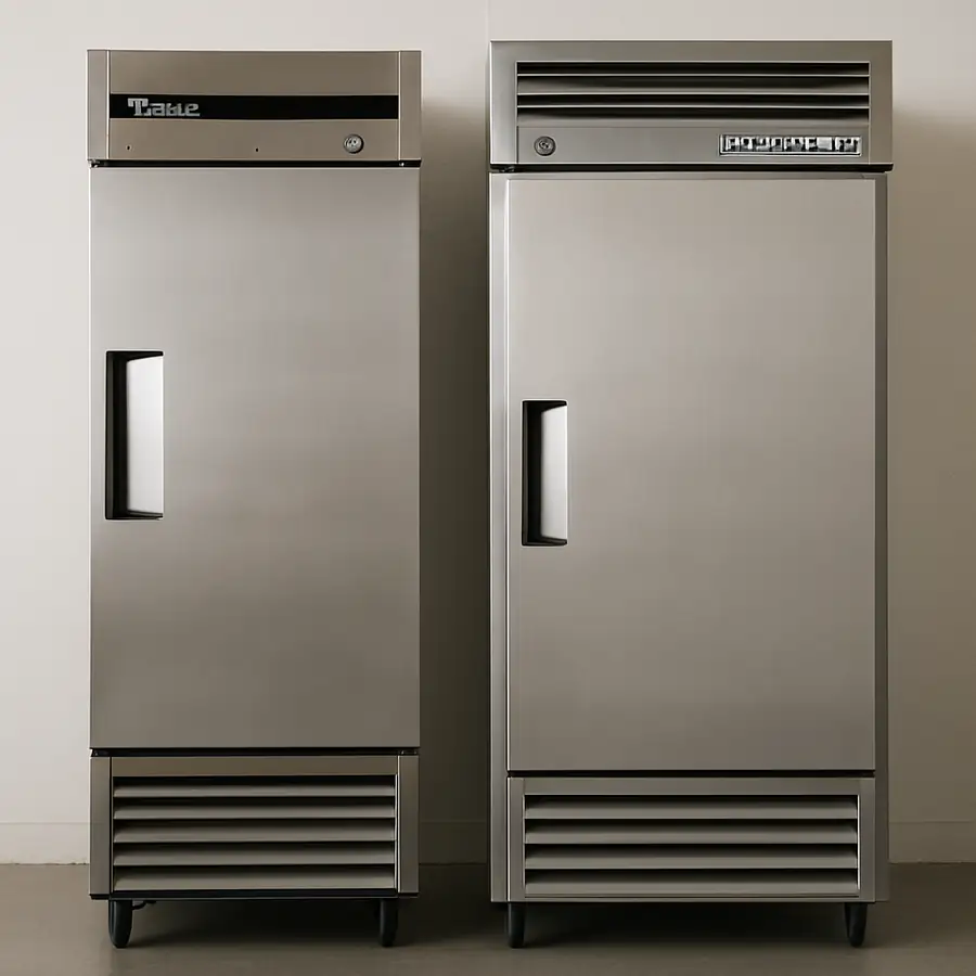 A clear, professional photo of a True T-23 reach-in unit and a Beverage-Air Horizon Series unit side-by-side.