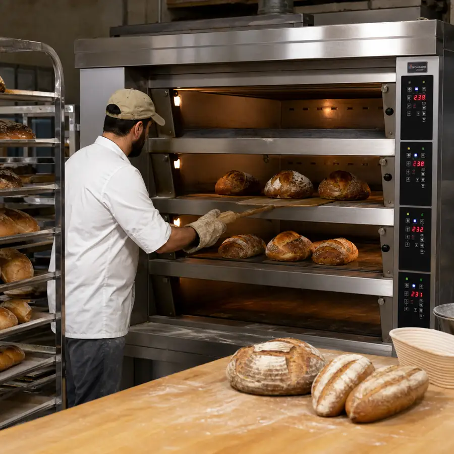 A modern industrial oven baking artisanal bread in a commercial bakery
