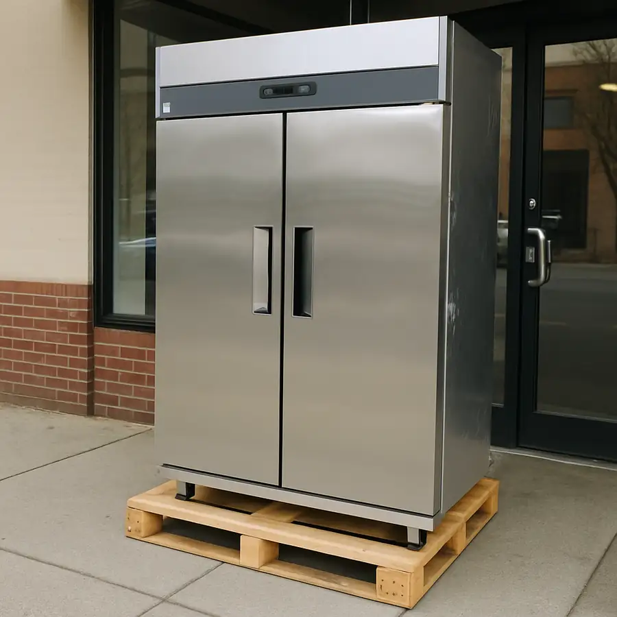A professional commercial refrigerator sitting on a wooden pallet on a concrete sidewalk outside a storefront, illustrating the concept of a 'liftgate' delivery.