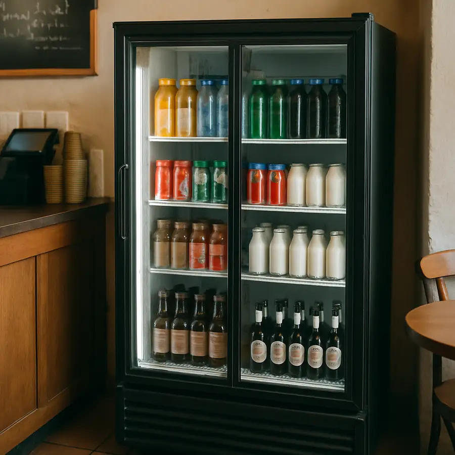 Glass door merchandiser refrigerator in a cafe