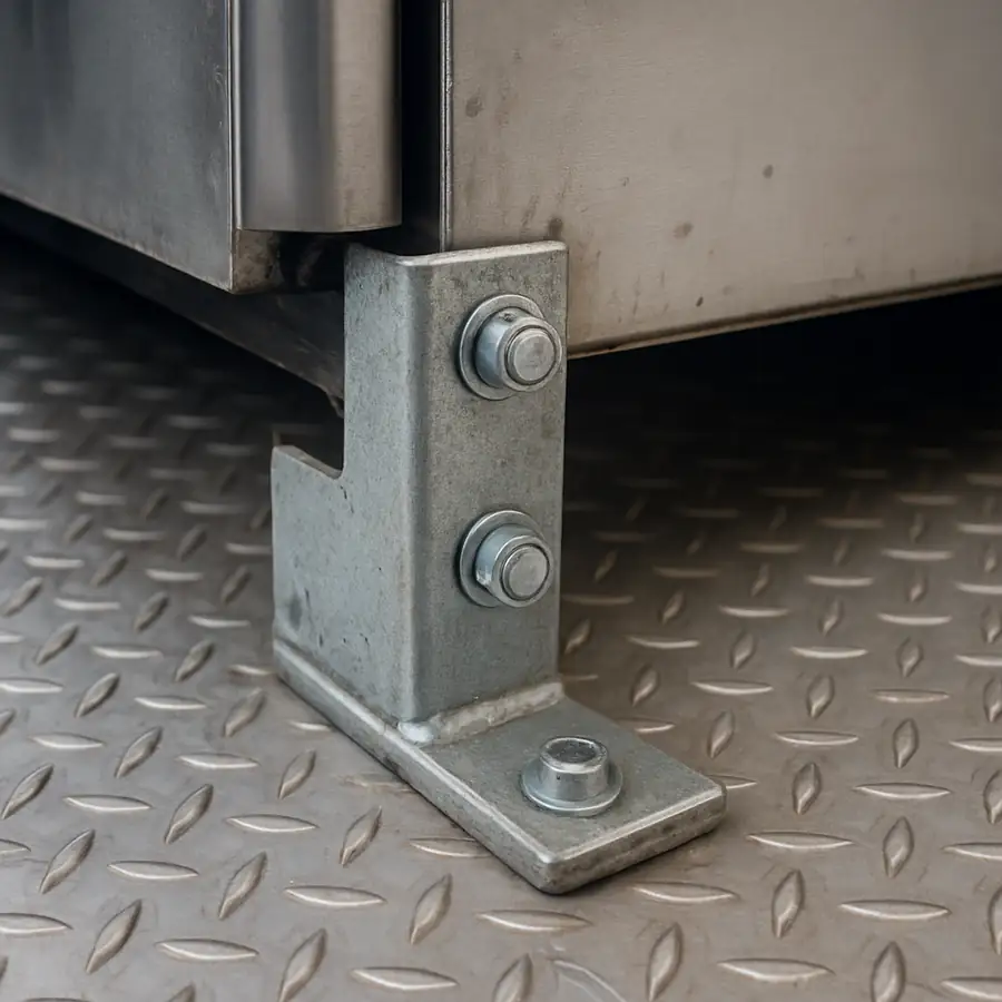 A close-up of a heavy-duty mounting bracket securing a refrigerator base to the floor of a food trailer.