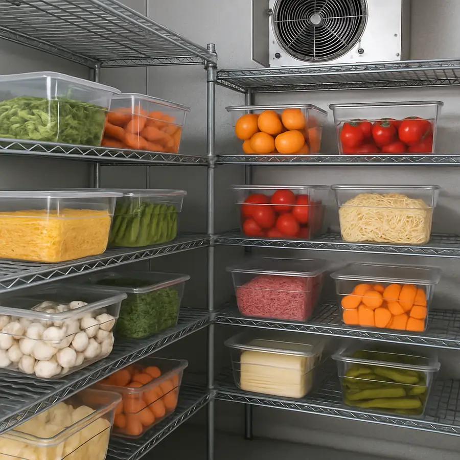 Commercial walk-in refrigerator organized with clear food storage bins