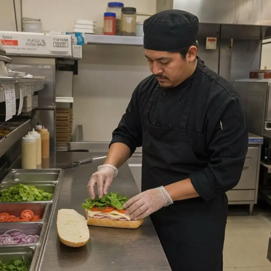 A chef preparing a sandwich on a stainless steel commercial prep table