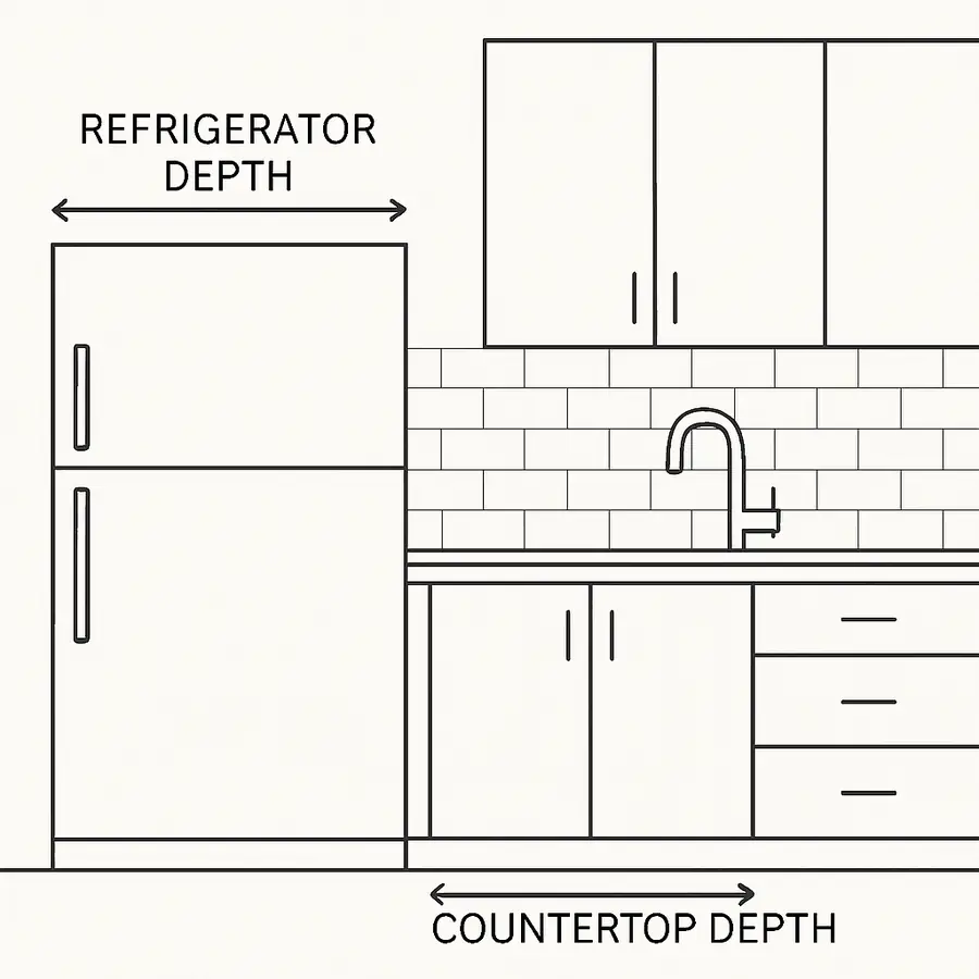 Diagram showing refrigerator depth and countertop depth dimensions in a modern kitchen layout