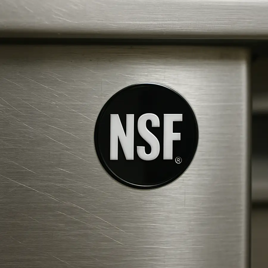 A simple, clear photo showing a small, shiny NSF certification logo on a piece of stainless steel equipment