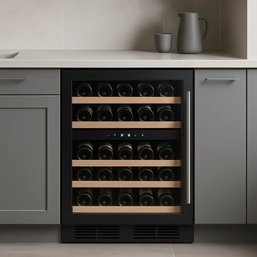 Under counter built in dual zone wine fridge in a modern gray kitchen