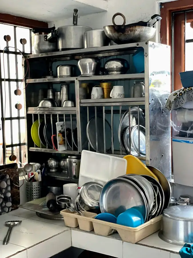 Various kitchen equipment needing cleaning