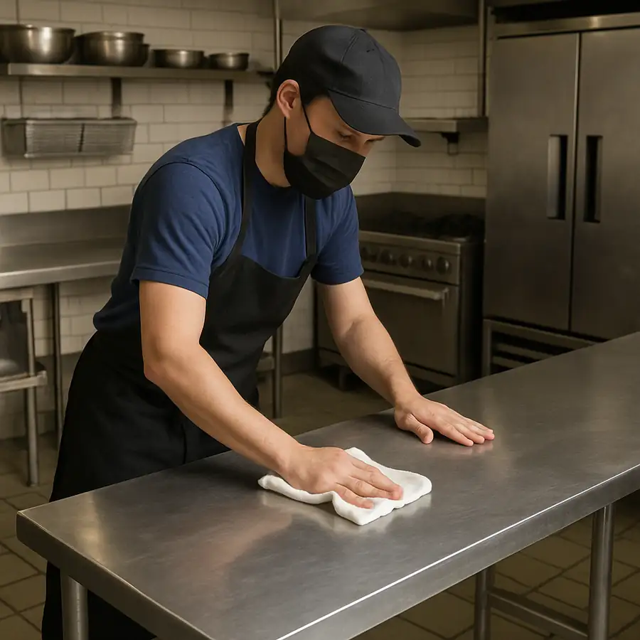 Staff member wiping down a stainless steel commercial prep table