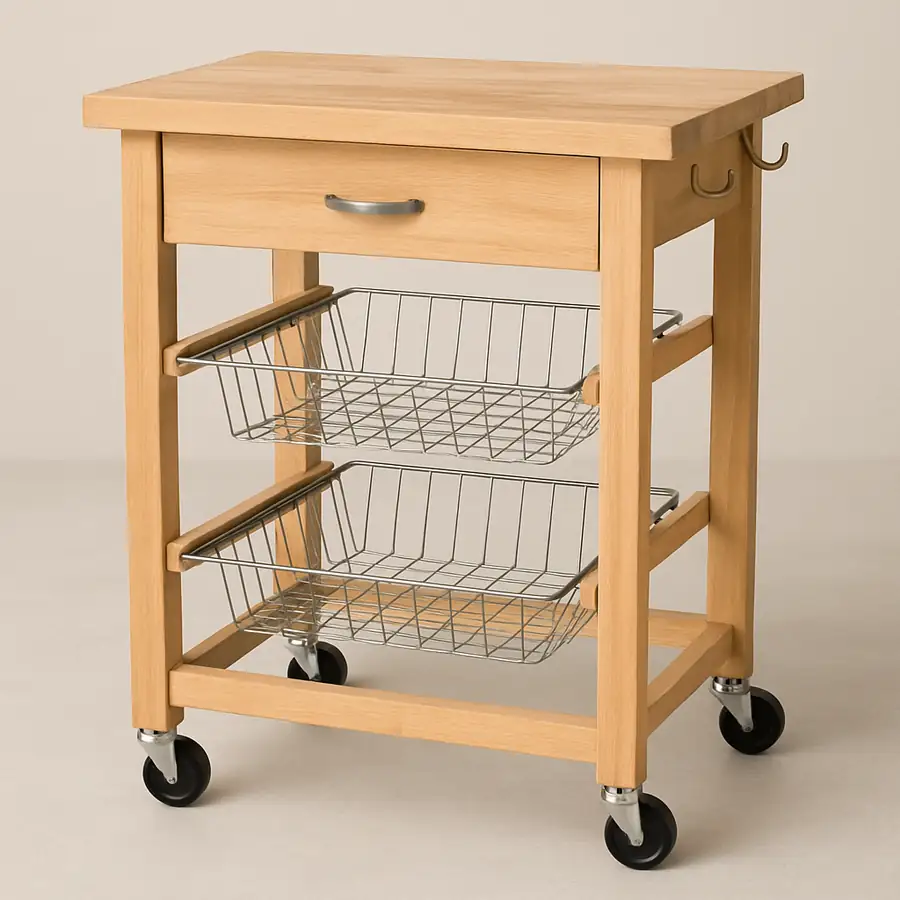 A small rolling kitchen island with a butcher block top, wire baskets, and hanging hooks